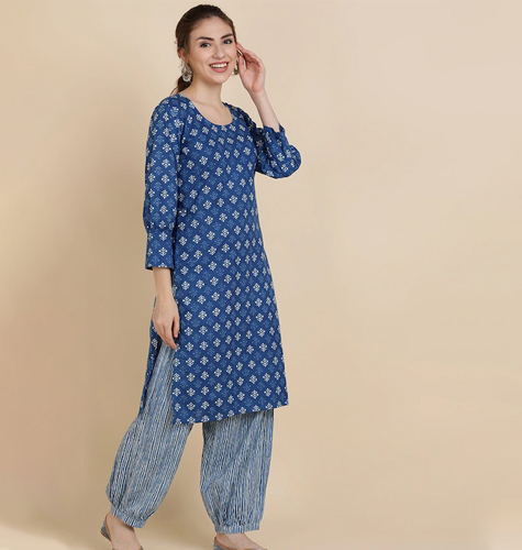 Women Blue Ethnic Motifs Printed Pure Cotton Kurta with Salwar